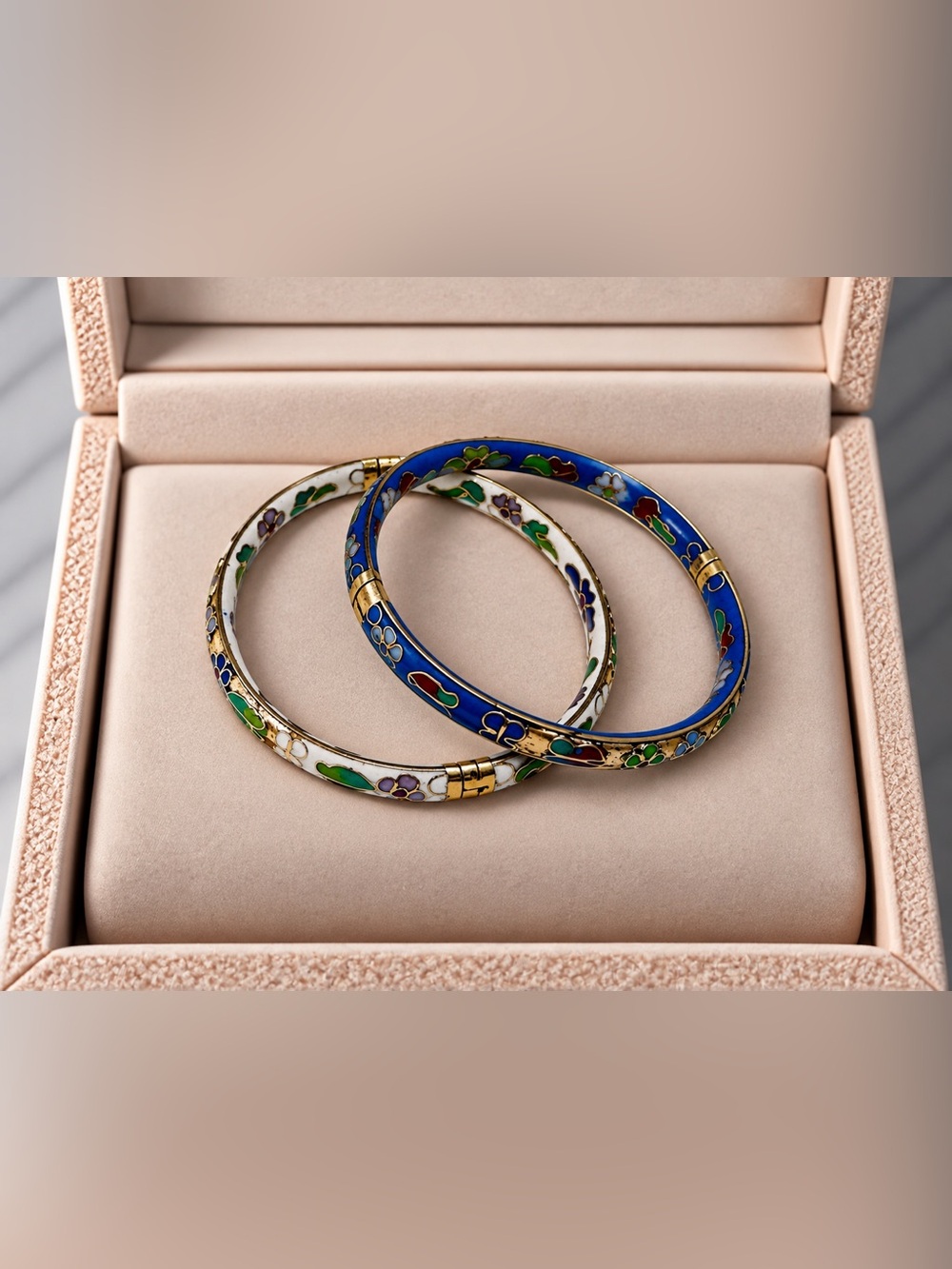 Enamel Floral Cloisonné Bangle Bracelets - Blue & White